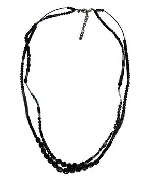 Chicos Black Beaded Multistrand Necklace Silver Tone Statement Layered Jewelry